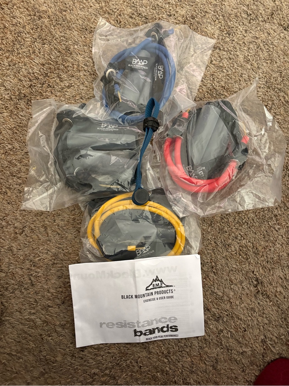 Blue Mountain Resistance Bands - Multicolor Set (Blue, Red, Yellow, Black).